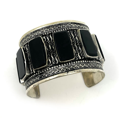 Handmade Afghan tribal cuff bracelet with black stones and oxidized silver finish – boho chic festival jewelry for women