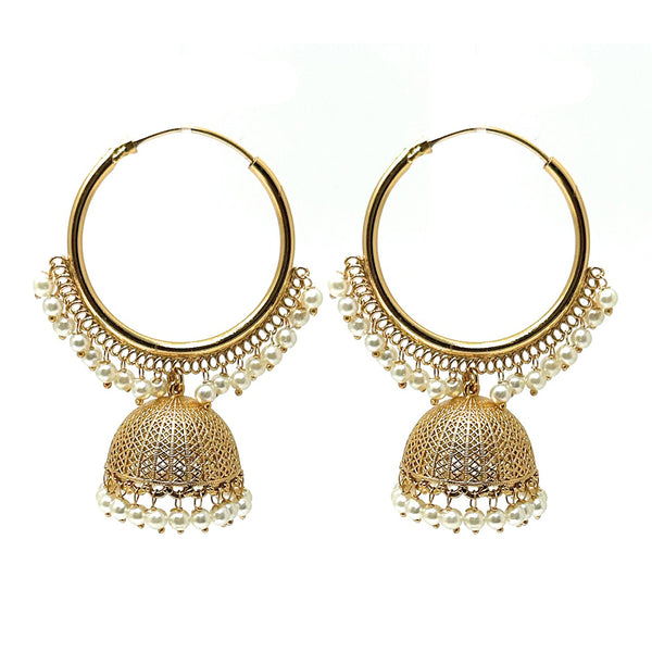 Detailed view of 2.5-inch Indian chandelier earrings featuring a 1.35-inch hoop and filigree jhumka drop.