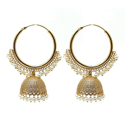 Detailed view of 2.5-inch Indian chandelier earrings featuring a 1.35-inch hoop and filigree jhumka drop.
