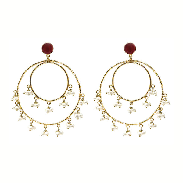 Pakistani Fashion Big Gold Plated Chandbala Double Hoop Earrings with White Pearl Clusters and Red Stone - Duel On Jewel
