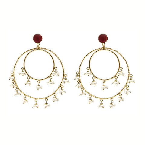 Pakistani Fashion Big Gold Plated Chandbala Double Hoop Earrings with White Pearl Clusters and Red Stone - Duel On Jewel