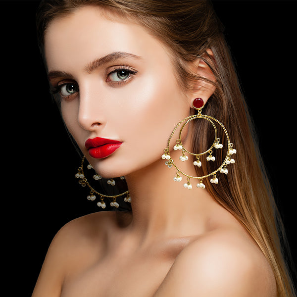 Pakistani Fashion Big Gold Plated Chandbala Double Hoop Earrings with White Pearl Clusters and Red Stone - Duel On Jewel