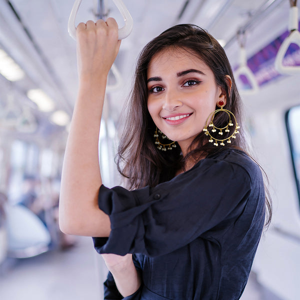Pakistani Fashion Big Gold Plated Chandbala Double Hoop Earrings with White Pearl Clusters and Red Stone - Duel On Jewel