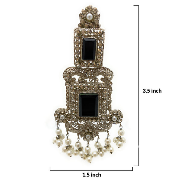 Pakistani Indian Silver Plated Black Dangle Victorian Fashion Earrings in Tiny Pearl Clusters with Zircon and Hair Chains - Duel On Jewel
