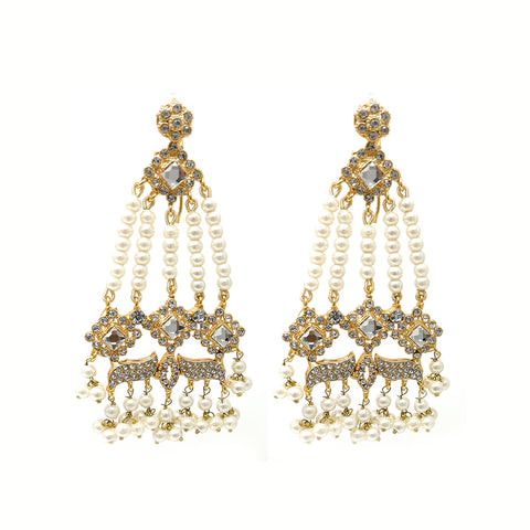 Bridal Pakistani Womens Gold Plated Dangle White Pearl Multi String Earrings with Hair Chain and Zircon - Party Wedding Gift - Duel On Jewel