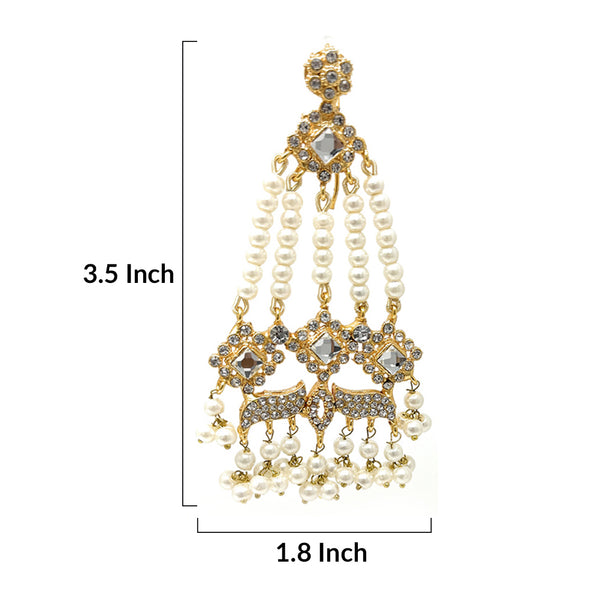 Bridal Pakistani Womens Gold Plated Dangle White Pearl Multi String Earrings with Hair Chain and Zircon - Party Wedding Gift - Duel On Jewel