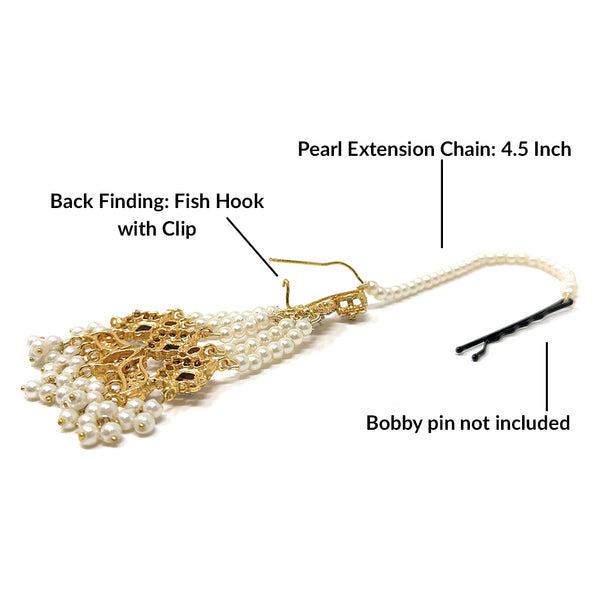 Bridal Pakistani Womens Gold Plated Dangle White Pearl Multi String Earrings with Hair Chain and Zircon - Party Wedding Gift - Duel On Jewel