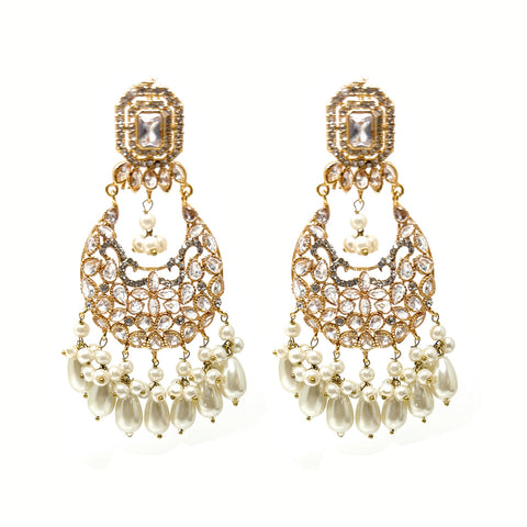 Big Bridal Ethnic Pakistani Gold Plated Dangle Earrings with White Drop Pearls and Zircon - Duel On Jewel
