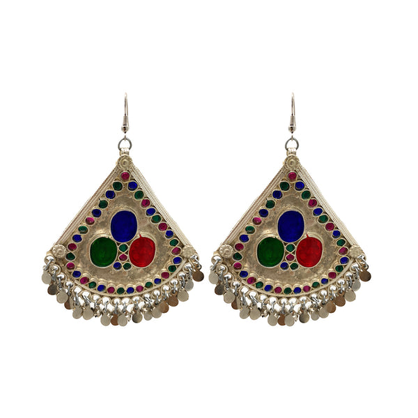 Afghan tribal statement earrings with multicolor stones and oxidized silver finish
