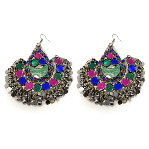Handmade Afghan tribal earrings with multicolor stones, oxidized silver finish, boho chic festival jewelry