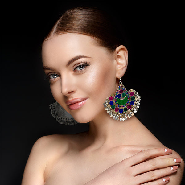 Oxidized silver tribal earrings in velvet pouch, ideal ethnic gifting jewelry