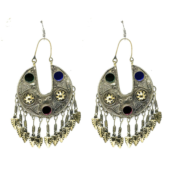 Handmade Afghan chandbala earrings with oxidized silver finish and multicolor stones