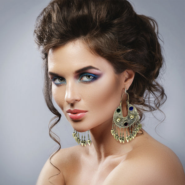 Long 5-inch boho chic earrings with dangling leaf accents and festival jewelry design