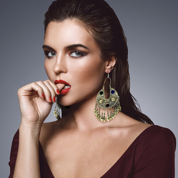 Vintage Afghan tribal chandbala earrings with oxidized silver crescent design and colorful acrylic stones