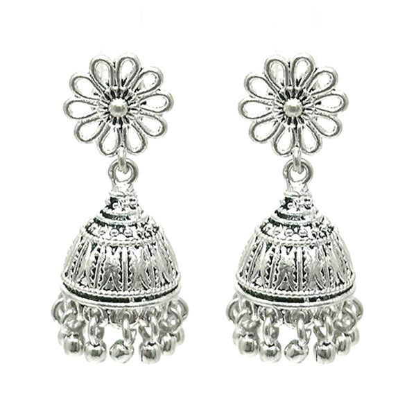 Oxidized jhumka earrings in 925 sterling silver with carved leaf pattern and bead fringe drop
