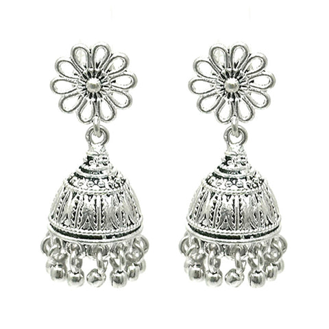 Oxidized jhumka earrings in 925 sterling silver with carved leaf pattern and bead fringe drop
