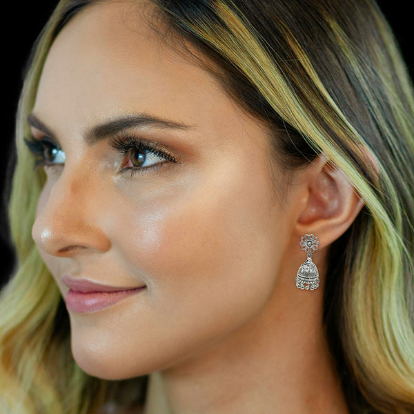 Duel On Jewel oxidized jhumka earrings shown with secure pushback closure for comfortable wear
