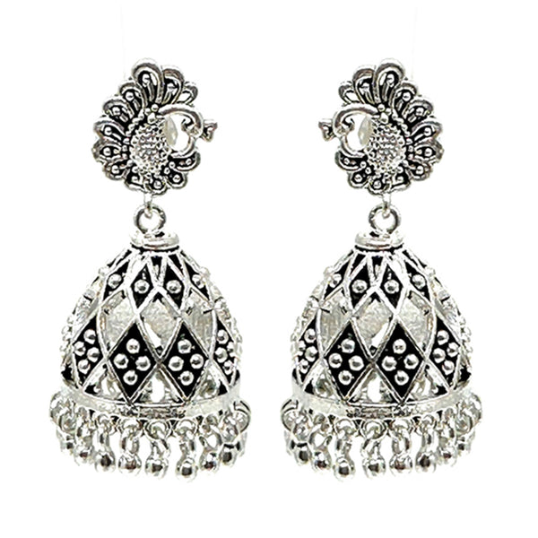 Peacock jhumka earrings in 925 sterling silver with lattice pattern and oxidized bead fringe drop
