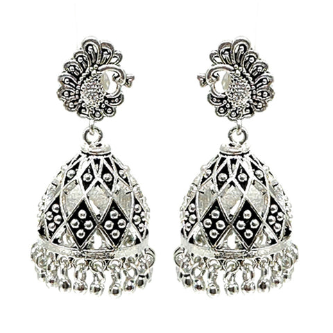 Peacock jhumka earrings in 925 sterling silver with lattice pattern and oxidized bead fringe drop
