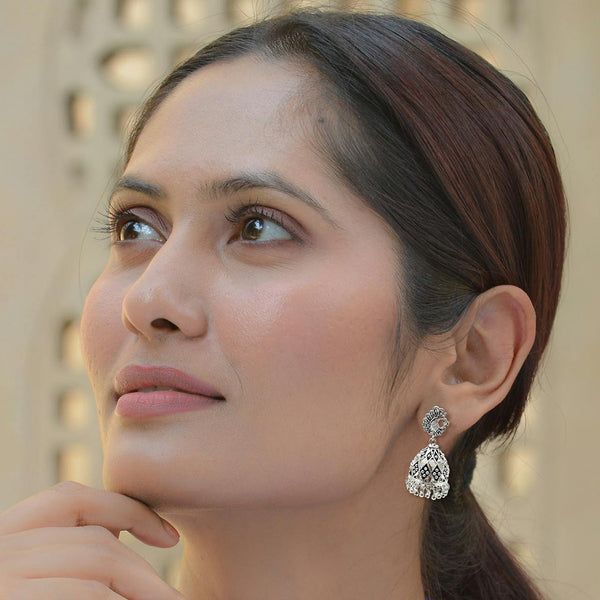 Duel On Jewel oxidized peacock jhumka earrings shown with secure pushback closure for comfort
