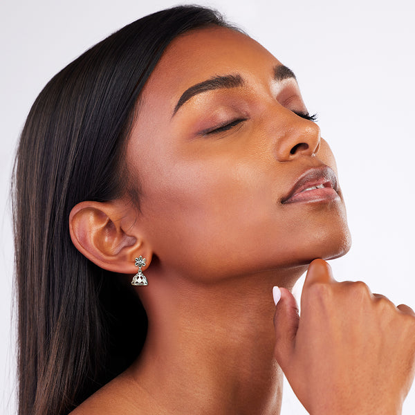 Dainty sterling silver chandelier earrings worn with ethnic outfit for festive occasion styling