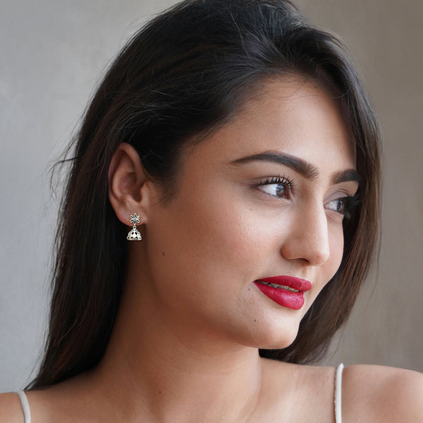 Duel On Jewel handcrafted jhumka earrings shown with secure pushback closure for comfortable wear