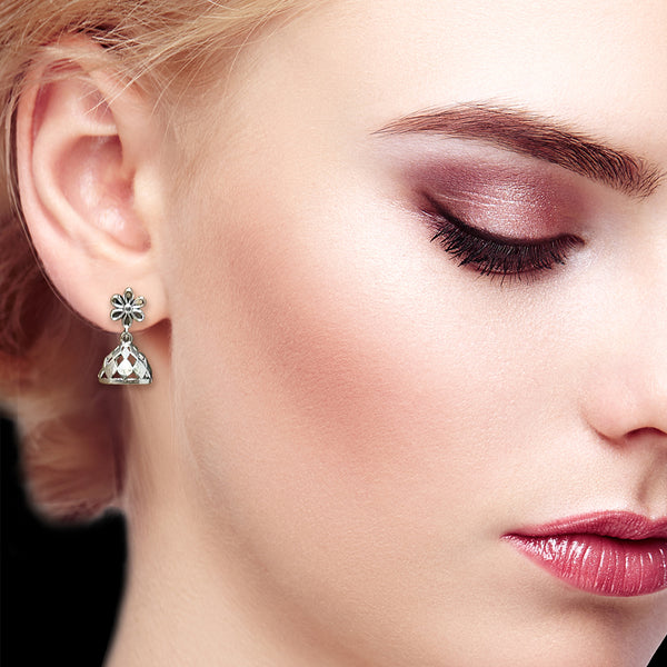 Artisan filigree jhumka earrings in silver, compact dainty silhouette for everyday styling

