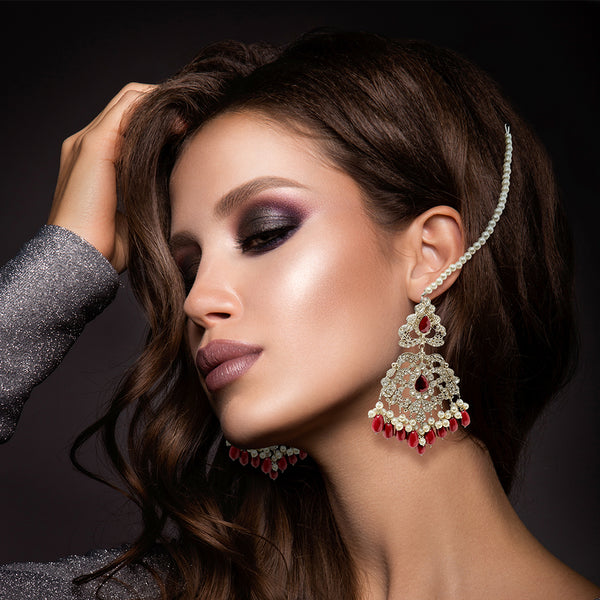 Pakistani Indian Silver Plated Trendy Bollywood Fashion Dangle Earring with Red Zircon and Pearl Hair Chain for Women - Duel On Jewel