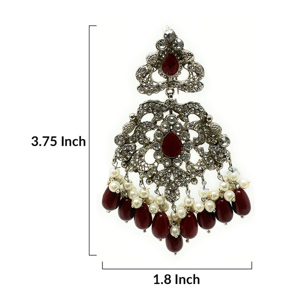 Pakistani Indian Silver Plated Trendy Bollywood Fashion Dangle Earring with Red Zircon and Pearl Hair Chain for Women - Duel On Jewel