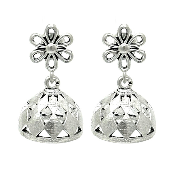 Floral jhumka earrings in 925 sterling silver with handcrafted filigree carving and bell-shaped drop