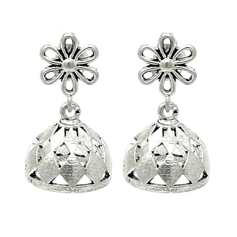 Floral jhumka earrings in 925 sterling silver with handcrafted filigree carving and bell-shaped drop