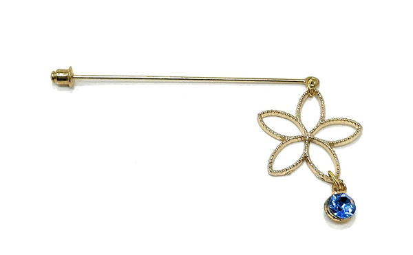 Duel On Jewel | Gold Floral Stick Pin with Blue Crystal Drop | Elegant Hat, Lapel & Brooch Pin | Vintage-Inspired Design for Blazers, Turbans, Scarves, Coats & DIY Accessories