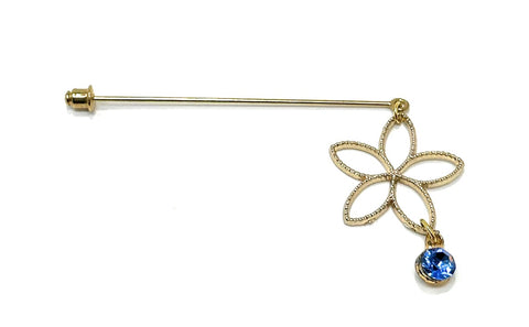 Duel On Jewel | Gold Floral Stick Pin with Blue Crystal Drop | Elegant Hat, Lapel & Brooch Pin | Vintage-Inspired Design for Blazers, Turbans, Scarves, Coats & DIY Accessories