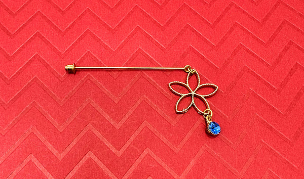 Duel On Jewel | Gold Floral Stick Pin with Blue Crystal Drop | Elegant Hat, Lapel & Brooch Pin | Vintage-Inspired Design for Blazers, Turbans, Scarves, Coats & DIY Accessories