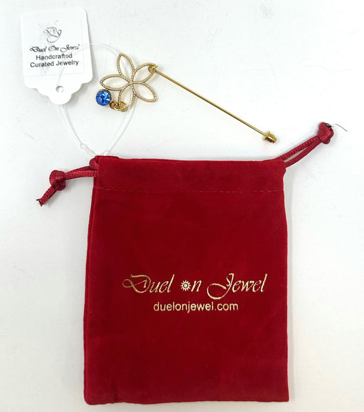 Duel On Jewel | Gold Floral Stick Pin with Blue Crystal Drop | Elegant Hat, Lapel & Brooch Pin | Vintage-Inspired Design for Blazers, Turbans, Scarves, Coats & DIY Accessories