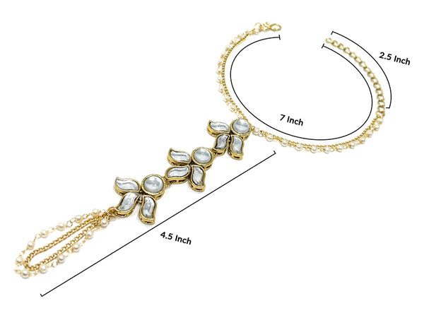 Indian Traditional Ethnic Haath Phool Womens Party Trendy Gold Plated Hand Piece Ornament Bracelet Set Attached with One Loop Chain Ring in White Kundan Stone by Duel On Jewel