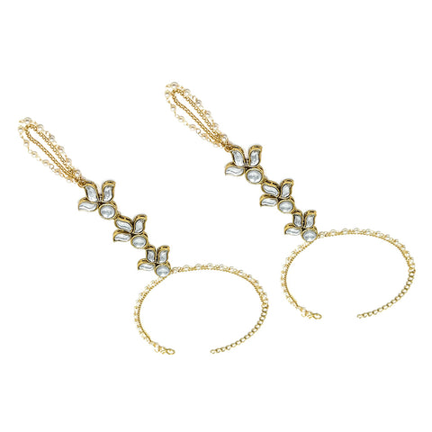 Indian Traditional Ethnic Haath Phool Womens Party Trendy Gold Plated Hand Piece Ornament Bracelet Set Attached with One Loop Chain Ring in White Kundan Stone by Duel On Jewel