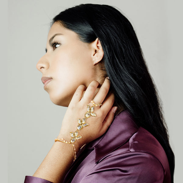 Indian Traditional Ethnic Haath Phool Womens Party Trendy Gold Plated Hand Piece Ornament Bracelet Set Attached with One Loop Chain Ring in White Kundan Stone by Duel On Jewel