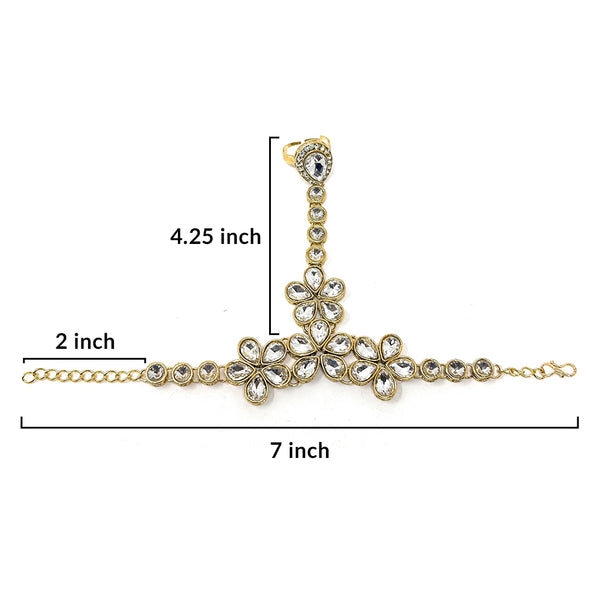 Traditional Indian Ethnic Womens Bridal Wedding Party Gold Plated Hand Piece Ornament Haath Phool Bracelet Set Attached with One Adjustable Ring in White Kundan Stone - Duel On Jewel
