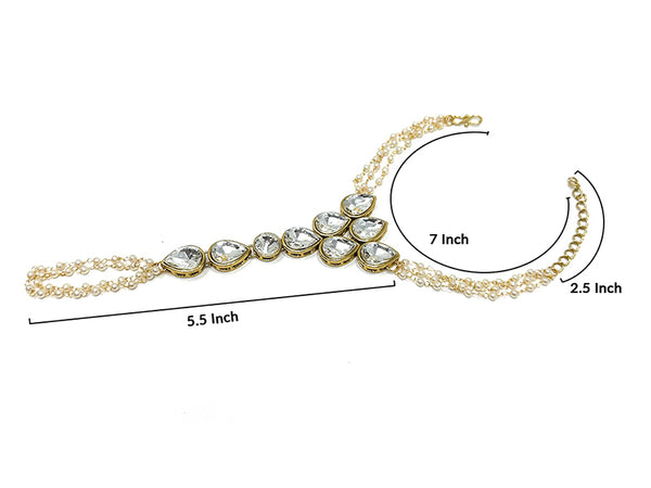 Indian Traditional Ethnic Haath Phool  Womens Bridal Party Gold Plated Hand Piece Ornament Bracelet Set Attached with One Chain Loop Ring in White Kundan Stone by Duel On Jewel