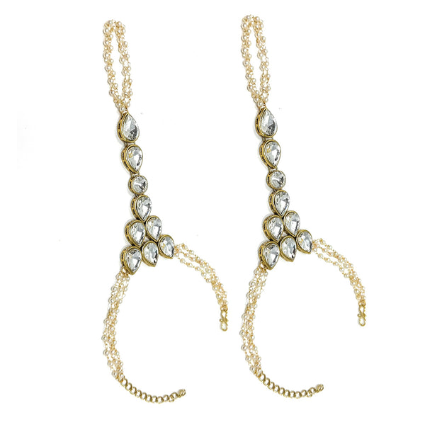 Indian Traditional Ethnic Haath Phool  Womens Bridal Party Gold Plated Hand Piece Ornament Bracelet Set Attached with One Chain Loop Ring in White Kundan Stone by Duel On Jewel