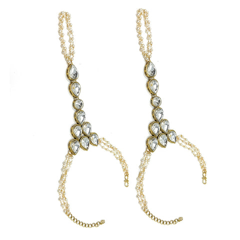 Indian Traditional Ethnic Haath Phool  Womens Bridal Party Gold Plated Hand Piece Ornament Bracelet Set Attached with One Chain Loop Ring in White Kundan Stone by Duel On Jewel