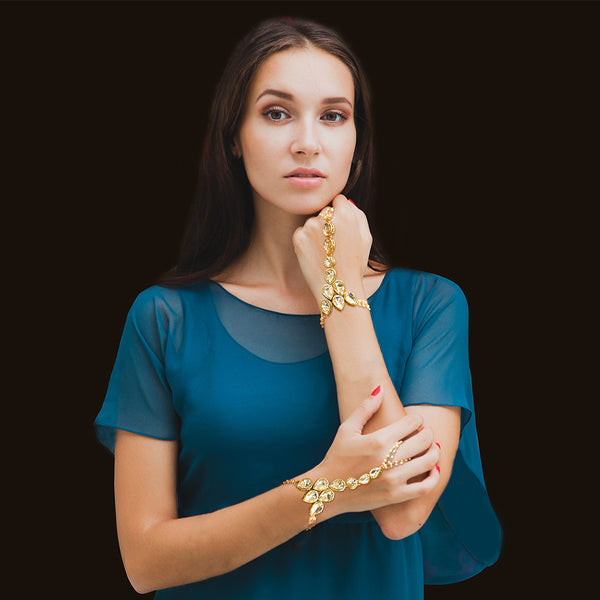 Indian Traditional Ethnic Haath Phool  Womens Bridal Party Gold Plated Hand Piece Ornament Bracelet Set Attached with One Chain Loop Ring in White Kundan Stone by Duel On Jewel