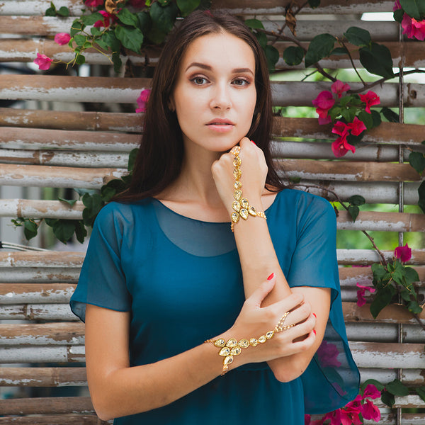 Indian Traditional Ethnic Haath Phool  Womens Bridal Party Gold Plated Hand Piece Ornament Bracelet Set Attached with One Chain Loop Ring in White Kundan Stone by Duel On Jewel