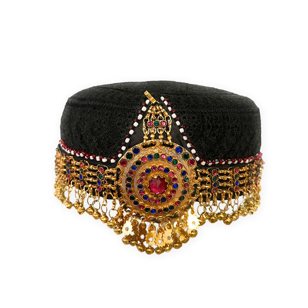 Handmade Turkish Ottoman Kayi tribal black hat with dangling gold chains and multicolor stones – festival and costume headpiece