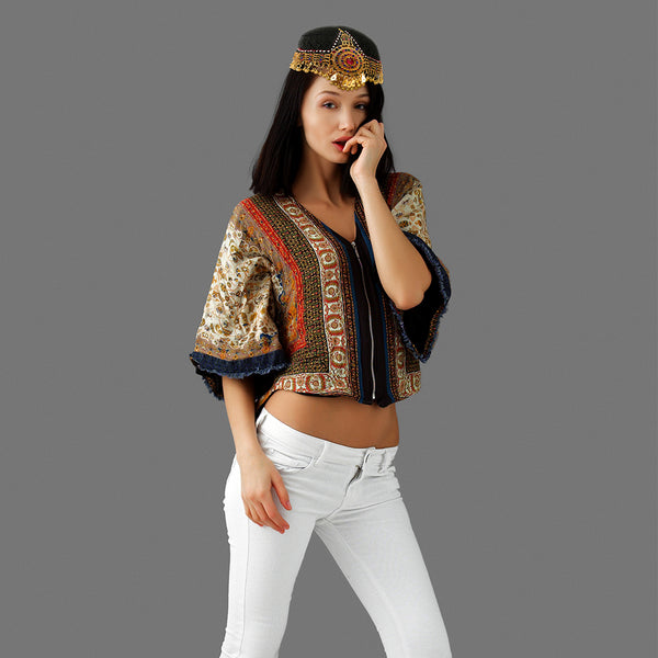 Side view showing hanging bead chains and antique gold-finish details – Kayi warrior-inspired headpiece