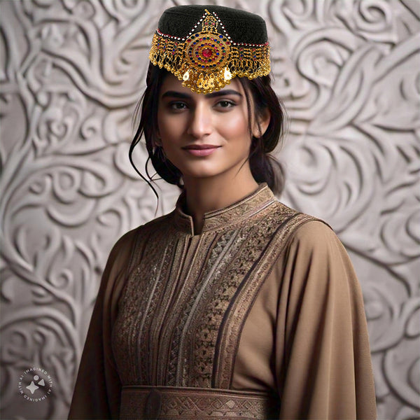 Model wearing Ottoman tribal black hat for Navratri, Dandiya, and belly dance costume styling