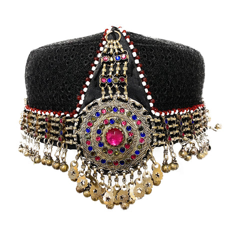 Turkish Ottoman Kayi Tribal Diriliş Ertuğrul Ghazi Women Men Handmade Headpiece Hat in Black Antique Finish Ornaments and Multicolor Stones - Duel On Jewel