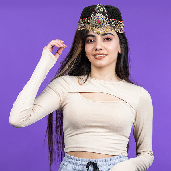 Turkish Ottoman Kayi Tribal Diriliş Ertuğrul Ghazi Women Men Handmade Headpiece Hat in Black Antique Finish Ornaments and Multicolor Stones - Duel On Jewel