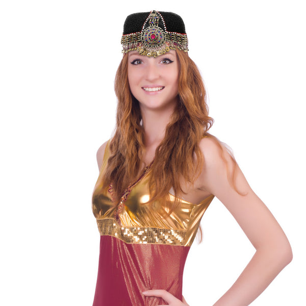 Turkish Ottoman Kayi Tribal Diriliş Ertuğrul Ghazi Women Men Handmade Headpiece Hat in Black Antique Finish Ornaments and Multicolor Stones - Duel On Jewel